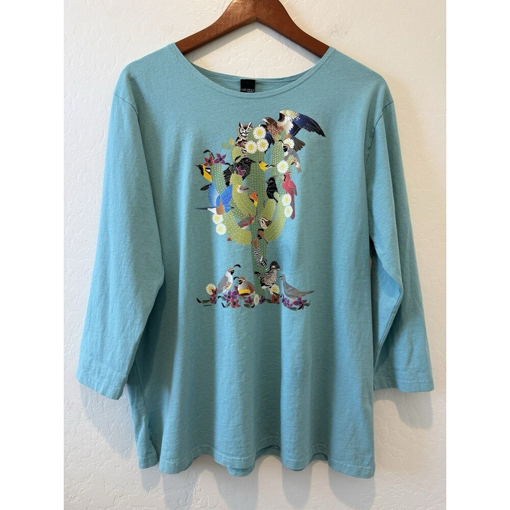 Sabaku Artwear Cotton Top 3/4 Sleeve Size Large USA Turquoise Saguaro Birds